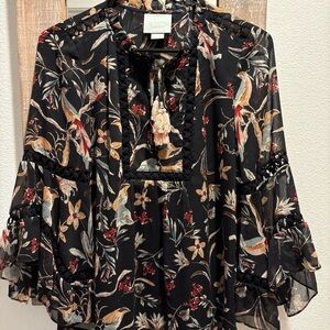 Maeve Black Floral Blouse with Red and Cream Accents